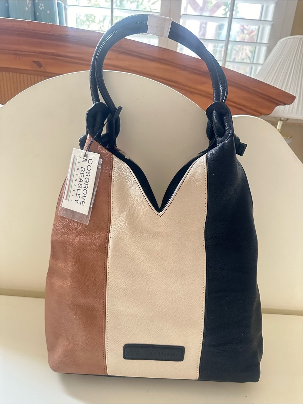 Tricolor Leather Hobo Bag - Black, Cream & Brown